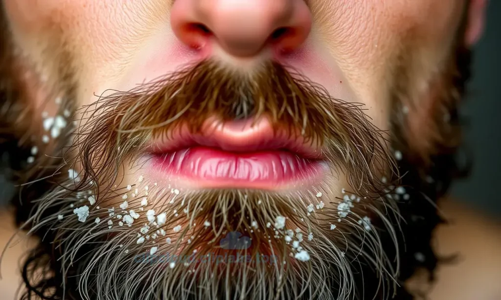 A close-up of a man's face showing dry, flaky skin under the beard after a shower, with visible white flakes on the skin beneath facial hair, soft natural lighting, realistic skin texture, no text or symbols