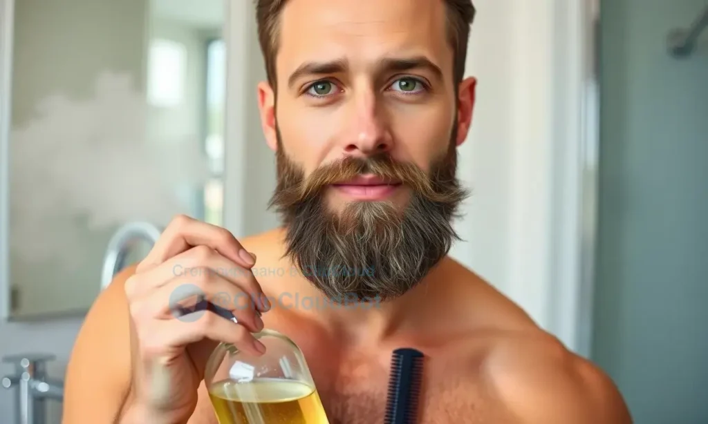 A clean-shaven man with a fresh, well-groomed beard and mustache, standing in a bright, modern bathroom with steam rising from a sink, holding a bottle of beard wash and a comb, soft natural lighting highlighting the skin texture and hair details, no text or letters visible