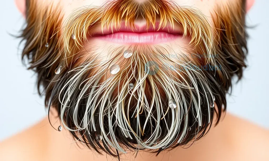 A close-up of a freshly washed beard with water droplets, showing clean, well-groomed facial hair against a neutral background. Highlight the texture and natural color of the beard, emphasizing its cleanliness and healthy appearance.