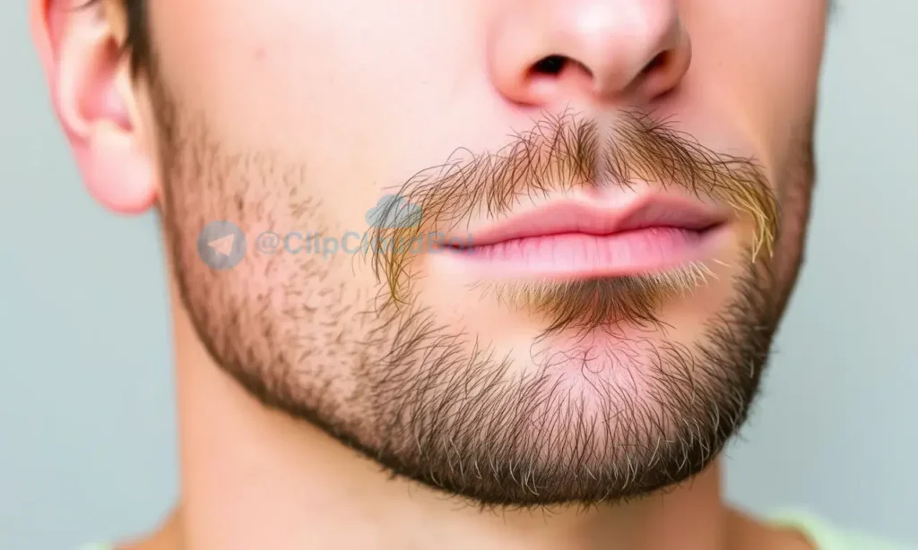 A close-up of a man's face with a beard, focusing on the skin under the beard. The skin appears healthy, clear, and well-maintained, with no signs of irritation or redness. The background is neutral and blurred to emphasize the skin's texture and condition.
