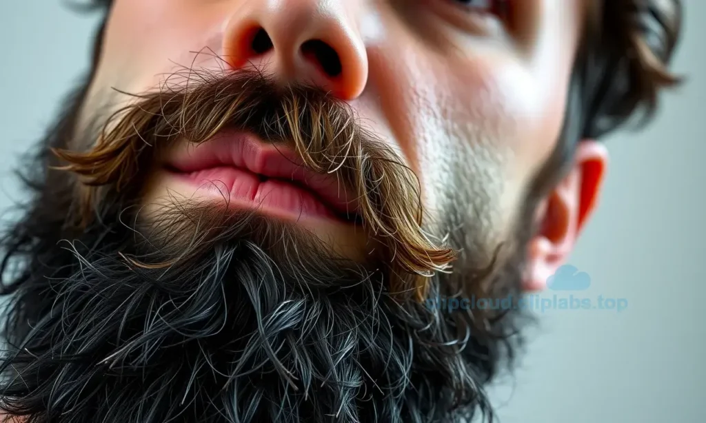 A close-up of a man's face with a thick, well-groomed beard, showing oily skin texture on the cheeks and forehead, but the beard itself appears healthy, dense, and neatly trimmed. Soft natural lighting highlights the beard's volume and shine without glare. The skin shows subtle sebaceous activity (light sheen) but no acne or irritation. Background is blurred and neutral, focusing attention on the beard and skin interaction. No text, logos, or digits visible.