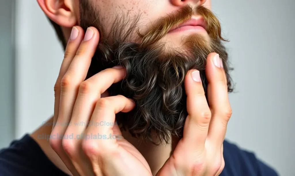 A man applying beard oil to his beard, showing the proper technique with hands massaging the oil into the beard and skin underneath. The scene is well-lit, clean, and focused on the grooming process.