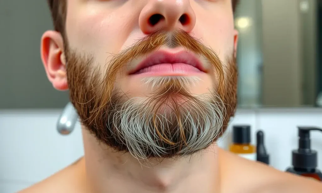A close-up of a man's face with his skin stretched under his beard, showing slight tension and mild discomfort, surrounded by a clean bathroom or grooming area with visible care products like moisturizers, oils, and balms arranged neatly, emphasizing proper beard care routine