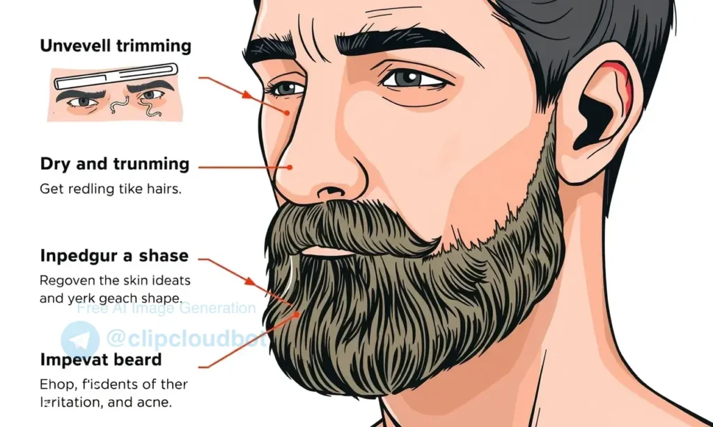 A detailed illustration of a man with a beard, showcasing common grooming mistakes such as uneven trimming, dry and flaky skin, ingrown hairs, and improper beard shape. The image should highlight the negative effects of these mistakes on the skin, such as redness, irritation, and acne. The man should be depicted in a neutral setting, focusing on the beard and skin issues.
