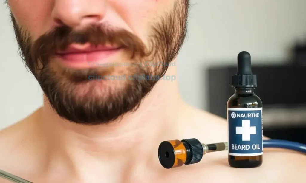 A close-up of a man's face with a well-groomed beard, showing visible redness on the skin around the beard area. A small bottle of beard oil is placed beside him, and a subtle medical symbol (e.g., a stethoscope or a medical cross) is visible in the background to imply the need for medical attention. The scene is natural and realistic, with soft lighting highlighting the contrast between the beard and the reddened skin.