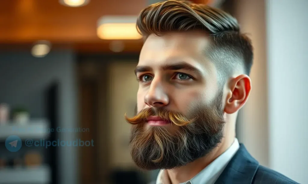 A man with a neatly trimmed beard, styled and groomed, looking confident and well-maintained, in a professional setting with soft lighting, high-quality details