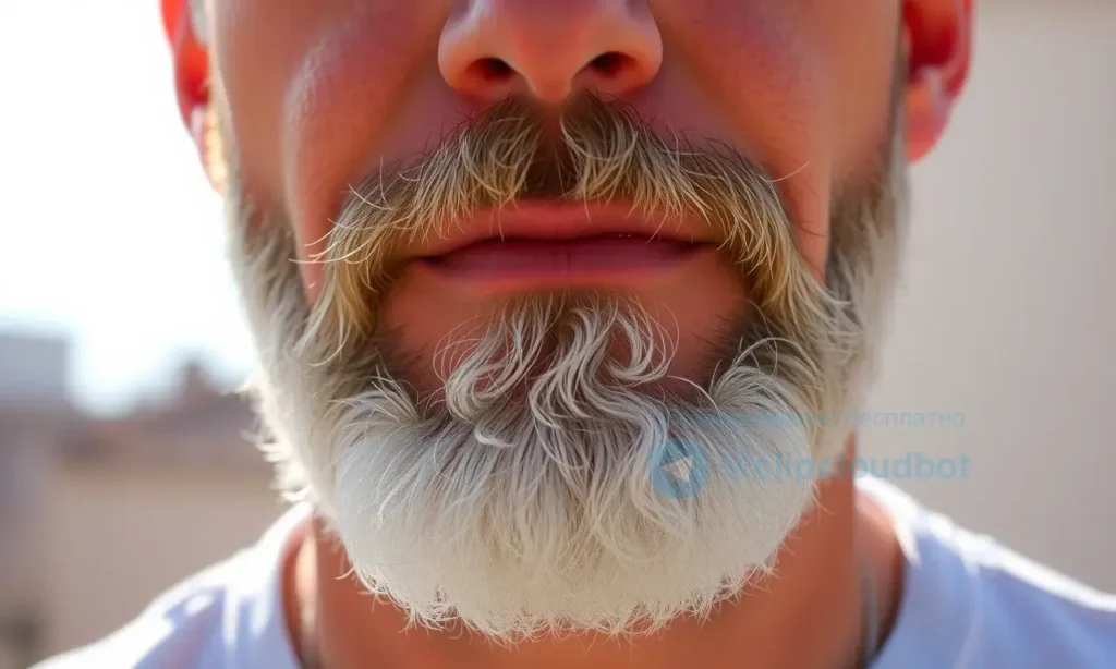 A man with a light-colored beard standing outdoors under bright sunlight, showing visible contrast between sun-exposed and shaded areas of the beard, with natural skin tones and realistic lighting, no text or symbols