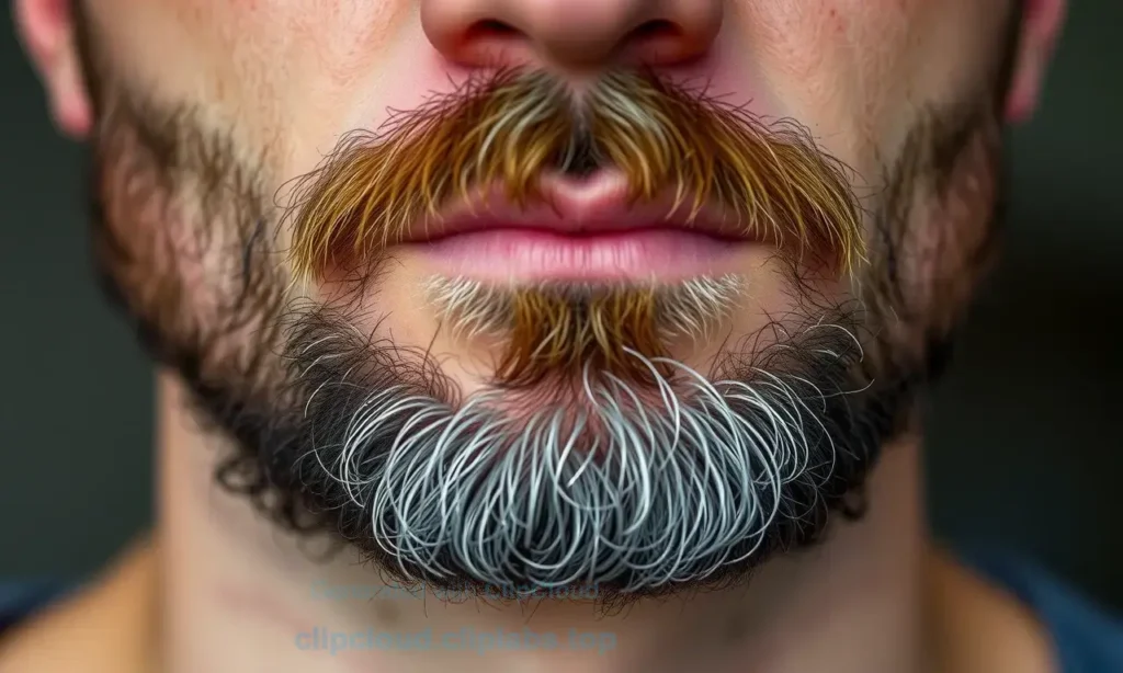 A close-up of a man's face showing a patchy, uneven beard growing in small clumps, with visible skin texture and subtle shadows, natural lighting, realistic detail, no text or symbols