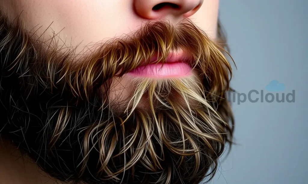 A close-up of a well-groomed beard with darker roots and lighter tips, showing natural hair texture and subtle lighting to highlight the color gradient, on a neutral background, emphasizing healthy beard care through nutrition, hydration, and styling