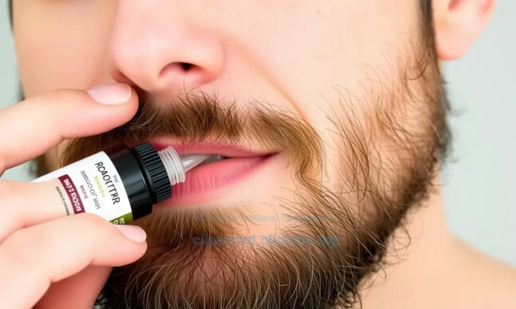 A close-up of a man's face with a well-groomed beard, showing gentle care: fingertips applying a soothing, non-comedogenic beard oil to the skin beneath the beard, with visible but mild redness or irritation on the cheeks and jawline, soft natural lighting, clean and minimalist background, focus on skin health and beard maintenance, no text, no logos, no products with labels