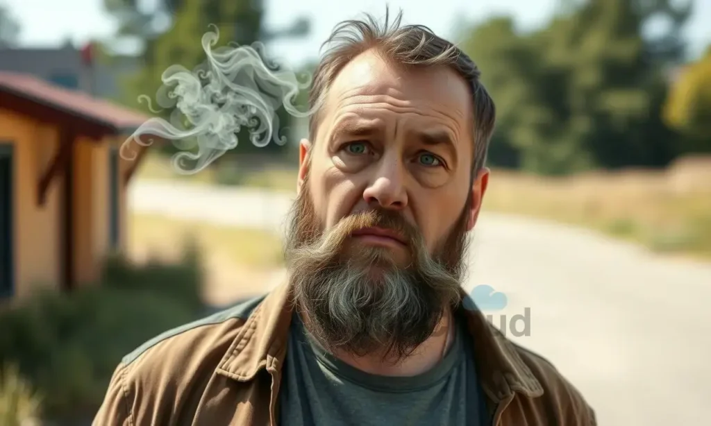 A man standing outdoors with a beard and mustache, looking concerned or curious, with visible sweat or odor around the facial hair area, surrounded by a subtle cloud of abstract scent particles or faint lines indicating smell, natural lighting, realistic style