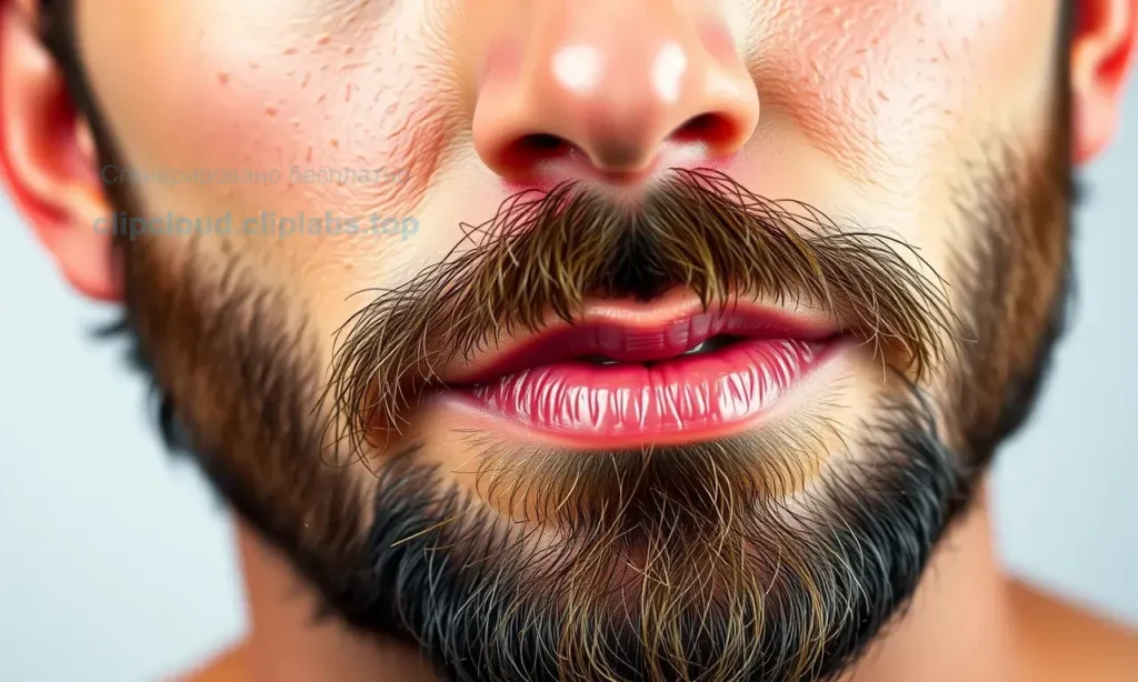 A close-up of a man's face showing oily skin under a beard, with visible shine and subtle skin texture, realistic lighting, no text or symbols, natural facial hair, high detail, neutral background