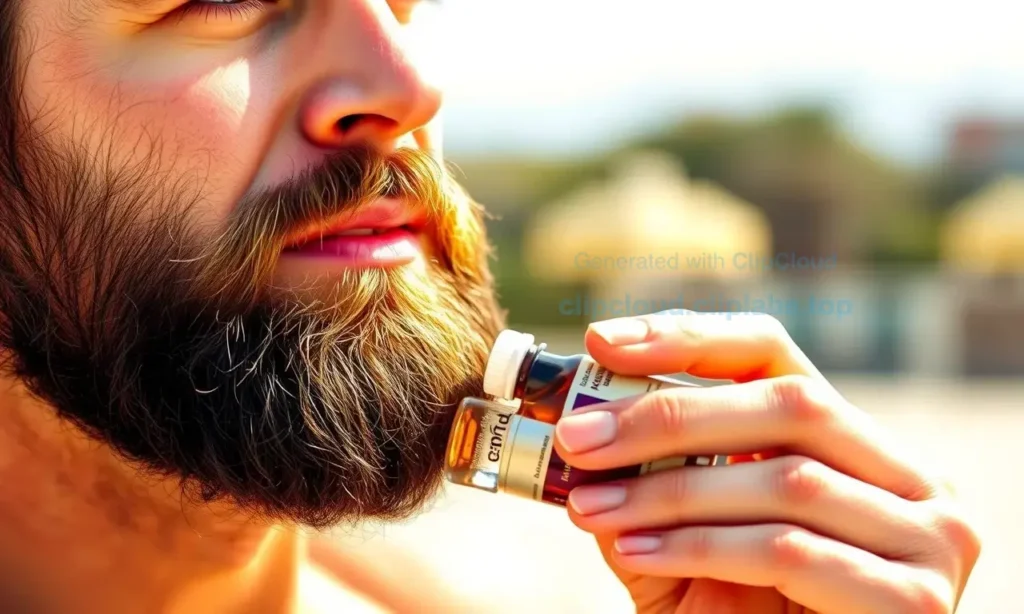 A man with a well-groomed beard enjoying a sunny day outdoors, possibly at a park or beach, with a fresh and clean appearance. The beard should look neat and well-maintained, and the man should be engaged in an activity that suggests he is taking care of his beard, such as applying beard oil or using a beard brush. The background should be bright and sunny, indicating a hot day.