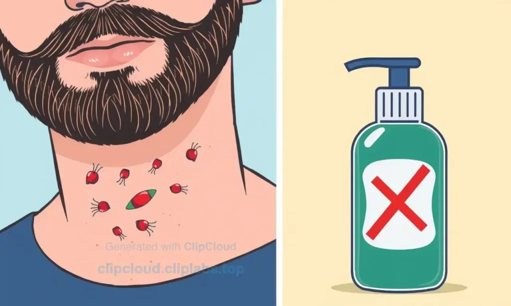 A close-up illustration showing a man's beard with visible bacteria and food particles, alongside a bottle of shampoo with a red cross mark, symbolizing incorrect beard washing methods