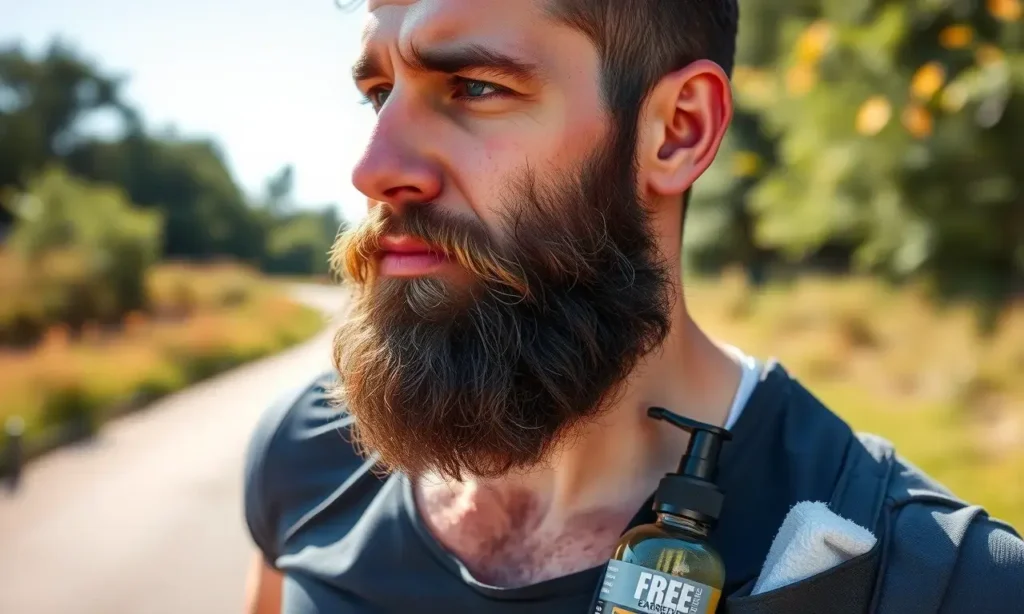 A man with a well-groomed beard is exercising outdoors — jogging on a sunny trail, sweat visible on his forehead and neck, but his beard is neatly trimmed and moisturized, with a small bottle of beard oil and a towel tucked in his sports bag nearby. The scene emphasizes the contrast between physical exertion and careful beard care, showing hygiene and grooming as part of an active lifestyle.
