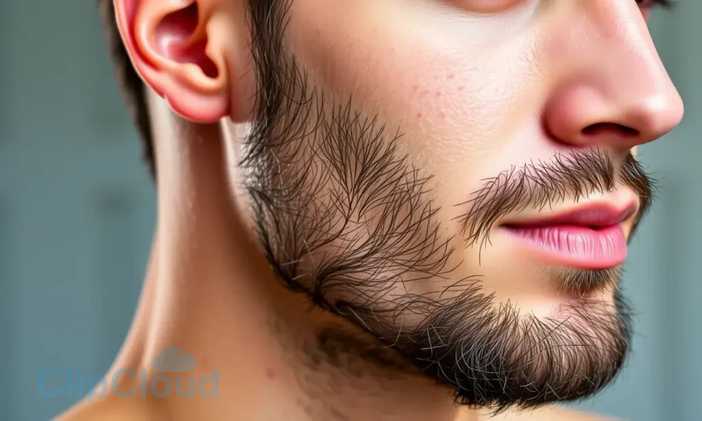 A close-up of a clean-shaven man's face with a neatly trimmed short beard, showing smooth skin without visible irritation or redness, natural lighting, realistic detail, no text or symbols on skin