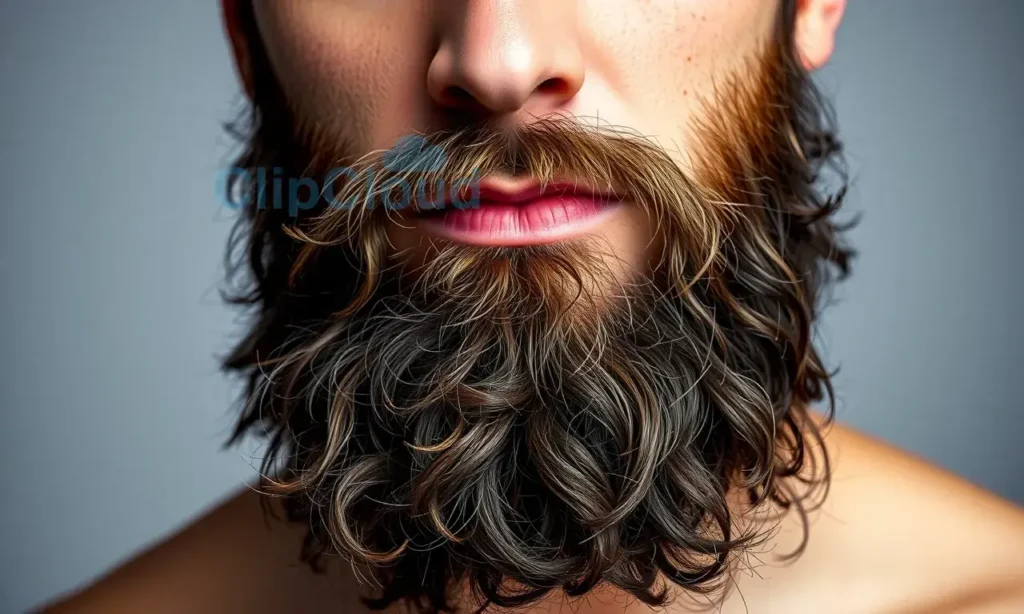 A close-up portrait of a man with a well-groomed, full beard, showing healthy beard strands and a subtle contrast of a few loose beard hairs falling naturally, set against a neutral background to emphasize the beard's texture and care