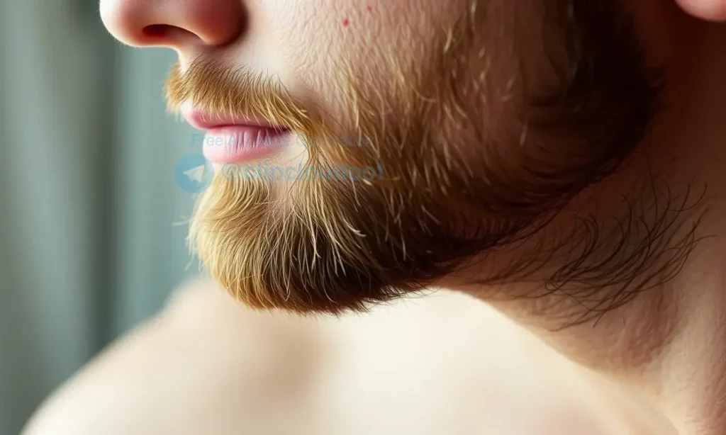 A close-up of a man's face with a well-groomed beard, showing subtle texture and soft lighting, emphasizing the beard's natural appearance without irritation or roughness, in a calm, intimate setting with a blurred background suggesting a partner nearby but not visible, conveying care and tenderness in beard maintenance