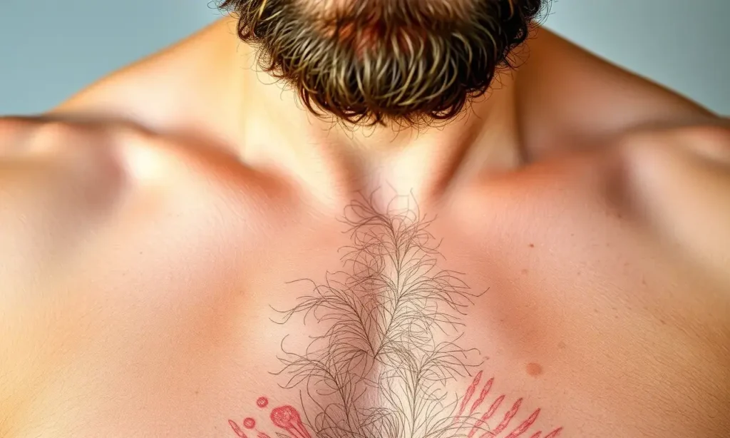 A close-upper chest area of a man with a well-groomed beard, showing slightly irritated, dry, and flaky skin beneath the beard hairs, with subtle redness and visible micro-irritation, soft natural lighting, realistic skin texture, no text or symbols, medical illustration quality, focus on skin condition under facial hair