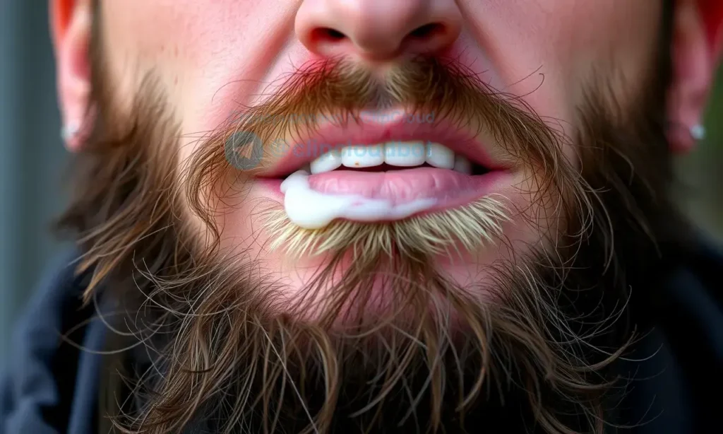 A close-up of a man's face with a full beard, showing red, irritated skin on the chin and cheeks caused by cold wind, with a protective balm applied to the skin, natural lighting, realistic detail, no text or symbols