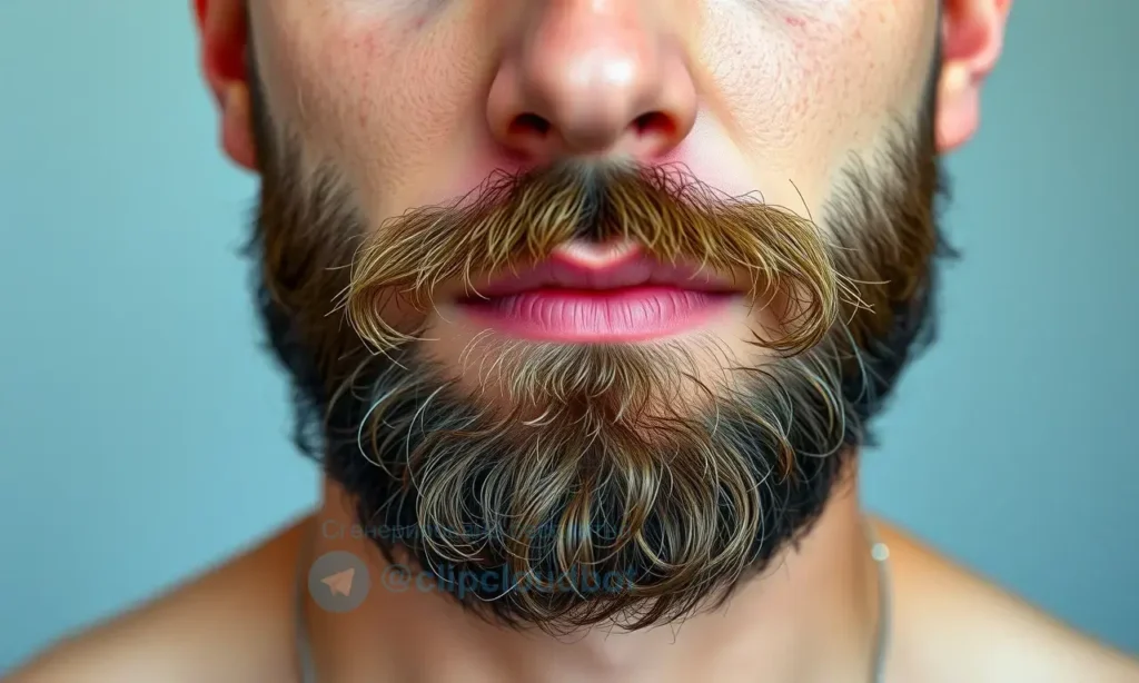 A close-up portrait of a man with oily facial skin and a dense, well-groomed beard, showing natural skin texture and hair detail, soft natural lighting, realistic skin pores and sebaceous glands, no text or symbols on skin, clean background
