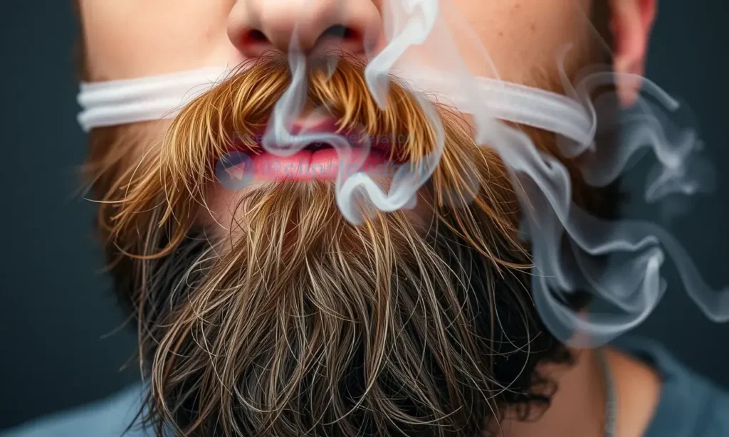 A person with a beard, shown in a close-up, with visible smoke or haze around the head to represent the unpleasant tobacco smell, clean and fresh-looking hair strands, and a subtle visual contrast between the smoky area and clean hair, symbolizing the removal of odor