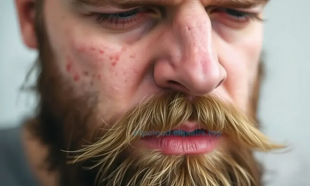 A close-up of a man with a beard, showing signs of skin irritation and dryness. The beard appears unkempt and tangled, with visible redness and flakiness on the skin underneath. The man looks concerned or frustrated, highlighting the negative effects of poor beard care.
