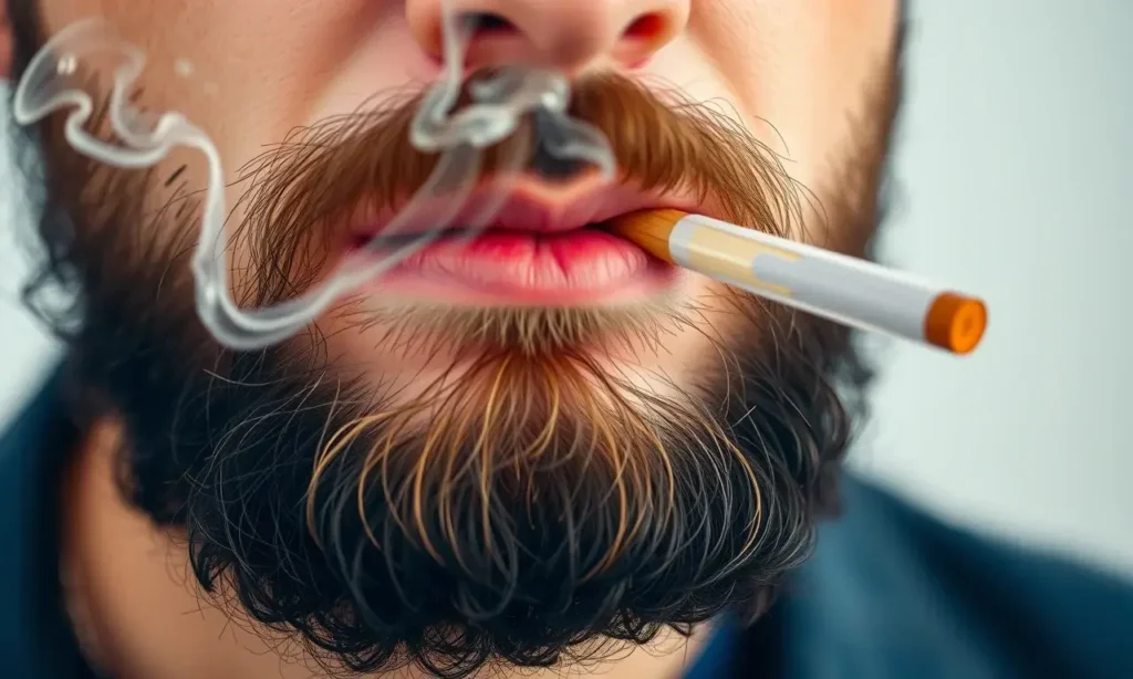 A close-up of a man's beard with a faint, unpleasant tobacco smoke haze subtly visible, clean and fresh atmosphere, no smoke or ash particles, natural lighting, realistic detail