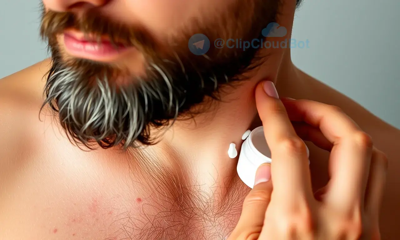 A person with a beard experiencing itching and dryness under the beard area. Show the skin texture with visible dry patches, redness, and slight irritation. Include a hand gently applying a moisturizing cream or balm to the affected area. Depict a natural, realistic style with soft lighting to emphasize comfort and relief.