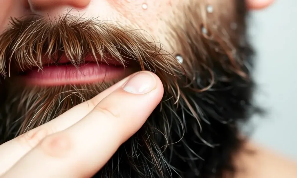 A close-up of a well-groomed man's beard that looks soft and smooth to the touch, with visible droplets of water or a subtle sheen indicating freshness, set against a clean, neutral background; the focus is on the texture of the beard appearing softened and pleasant to feel, conveying the idea of making a beard soft and pleasant to the touch