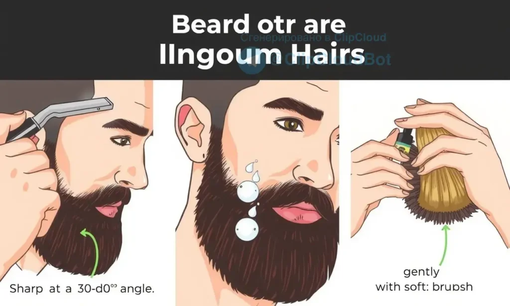 A close-up illustration showing a man with a full beard demonstrating proper beard care techniques to prevent ingrown hairs, including using a sharp razor at a 30-degree angle, applying pre-shave oil, and gently exfoliating the skin with a soft brush, with clear visual emphasis on smooth skin texture and no visible redness or bumps, set against a clean white background with subtle instructional labels