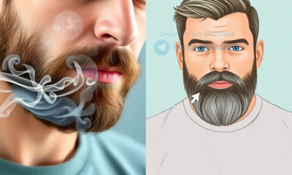 A close-up of a man's face showing a beard with a visible smoke haze around it, illustrating the unpleasant tobacco smell, with a clean, fresh-looking alternative scene showing the same man with fresh-smelling hair and beard, clean background, detailed illustration