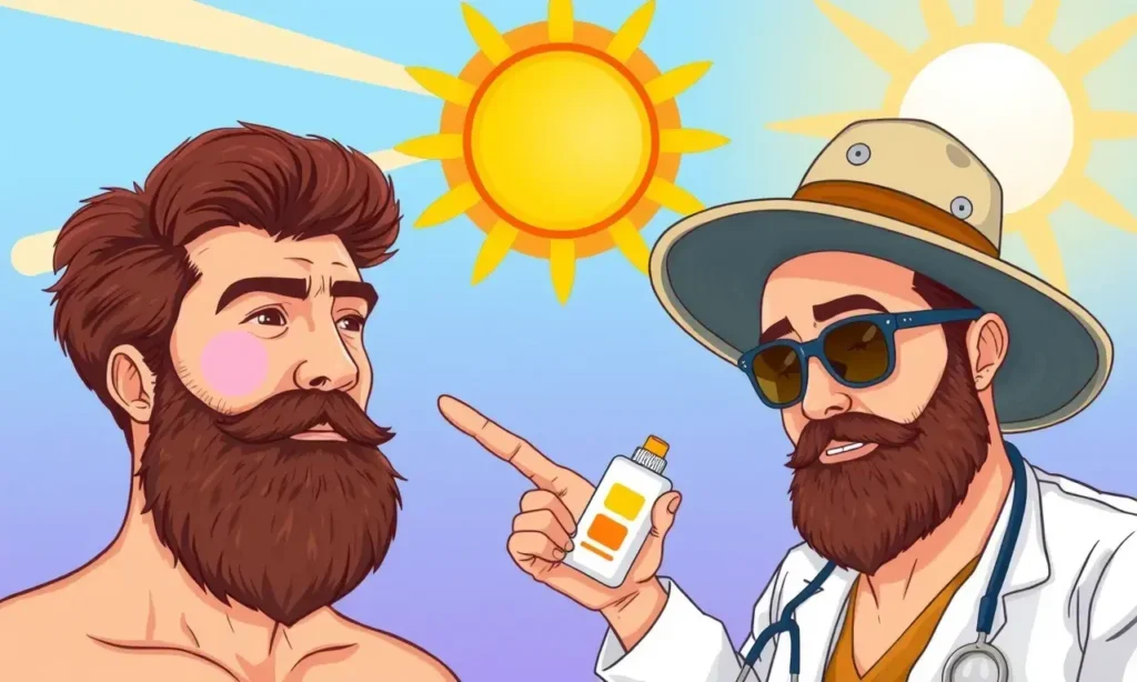 A detailed illustration showing a man's beard with sun-bleached lighter patches on the top and sides, contrasting with darker natural color at the roots and chin, with visible UV rays hitting the beard, a sun icon in the background, and a dermatologist pointing to the affected areas while holding a sunscreen bottle and a protective hat