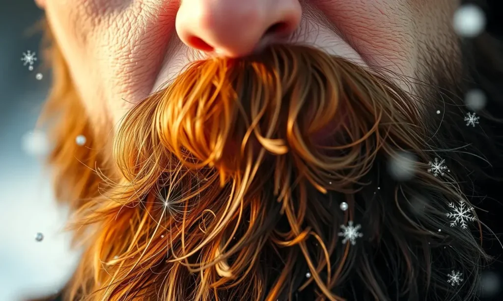 A close-up of a man's face with a full beard, showing red, irritated skin under the beard caused by cold wind and frost. The skin appears dry and slightly chapped, with subtle wind-blown effects. The background is softly blurred, winter atmosphere with faint snowflakes in the air. Warm lighting highlights the texture of the skin and beard.