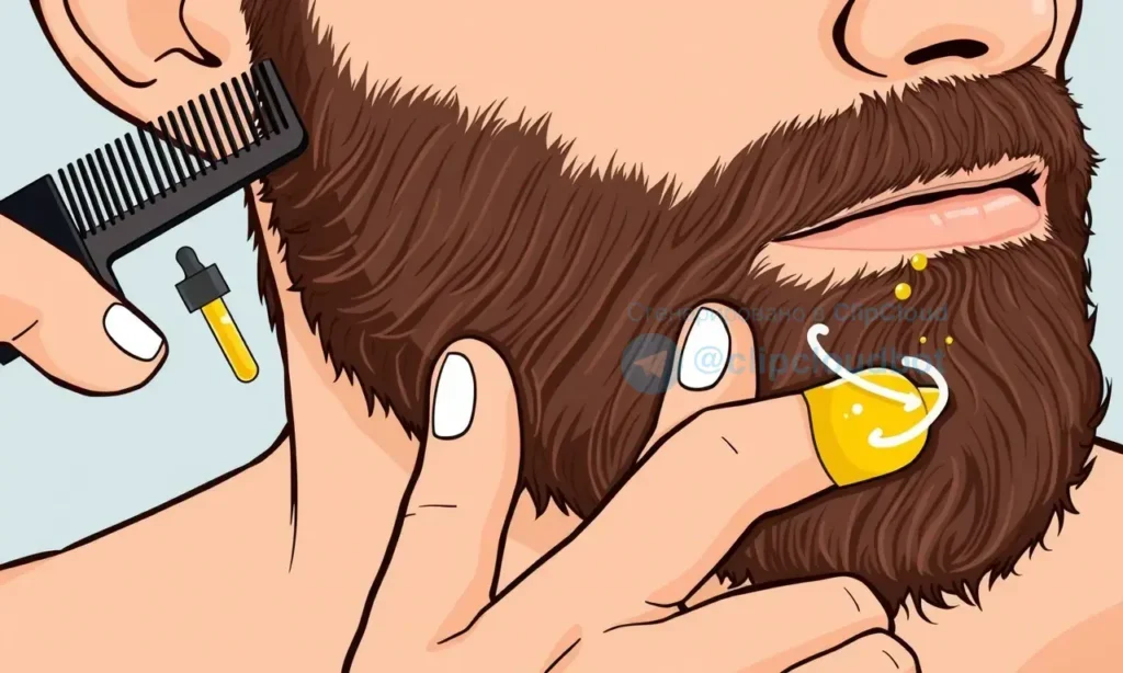 A close-up illustration showing a man applying beard oil to his beard, with clear steps: first combing the beard, then applying oil from a dropper bottle, and finally massaging it in. The scene should be clean, well-lit, and focused on the proper technique for beard oil application, demonstrating the correct method to achieve the best results for beard care.