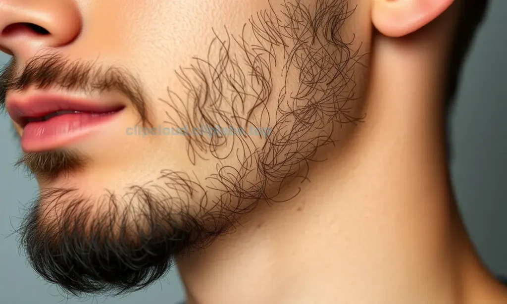 A close-up of a person's chin and jawline with visible darker skin patches under a neatly trimmed beard. The skin should show signs of uneven pigmentation, possibly with subtle shadows from the beard. The background should be neutral and soft, focusing attention on the skin texture and color contrast. The image should be realistic, high-quality, and well-lit to highlight the skin details.