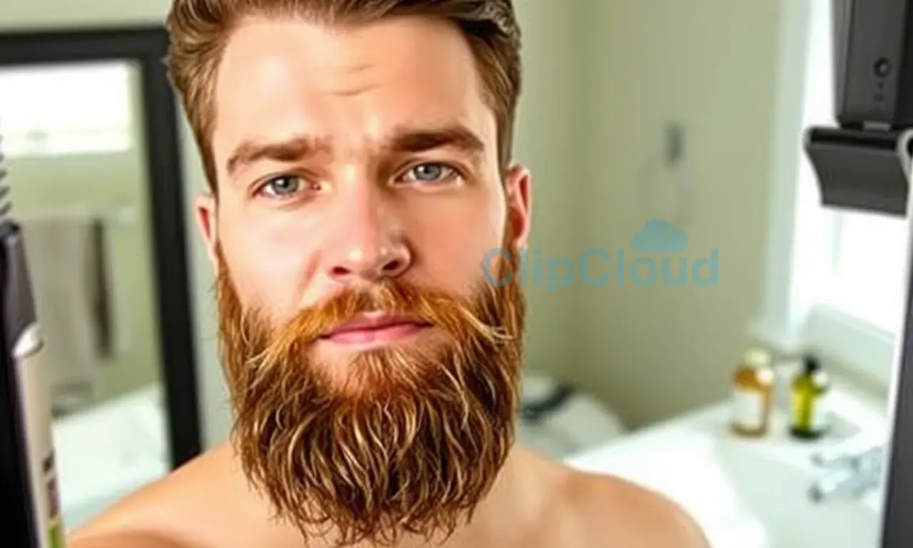 A man with a neatly trimmed beard, clean-shaven cheeks, and a well-groomed mustache, standing in front of a mirror with grooming tools like a beard trimmer, comb, and oil bottle. The background shows a bathroom with a sink, towel, and natural light. The man looks confident and prepared for beard growth.