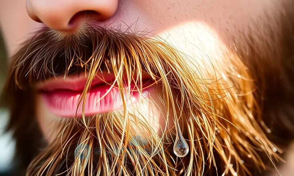 A close-up of a well-groomed man's beard with droplets of clear beard oil glistening on the hair, soft morning light highlighting the texture, natural skin tones, subtle reflection on the skin, no text or symbols, realistic detail, high quality
