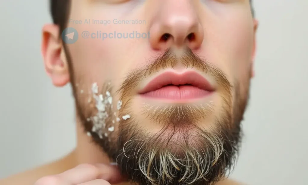 A close-up image of a man's face with a beard, focusing on the skin underneath. The skin should appear slightly flaky and dry, indicating peeling after a shower. The beard should be well-groomed and the man's expression neutral. The background should be simple and uncluttered, with soft lighting to highlight the skin texture.