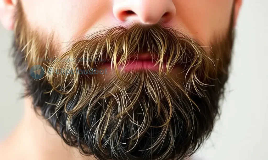 A close-up of a man's face showing a healthy, full beard with individual hairs gently falling away like small strands, indicating natural shedding. The skin appears healthy and well-maintained, with subtle signs of proper grooming. Soft, natural lighting emphasizes the texture of the beard and skin. No text, symbols, or additional elements in the image.