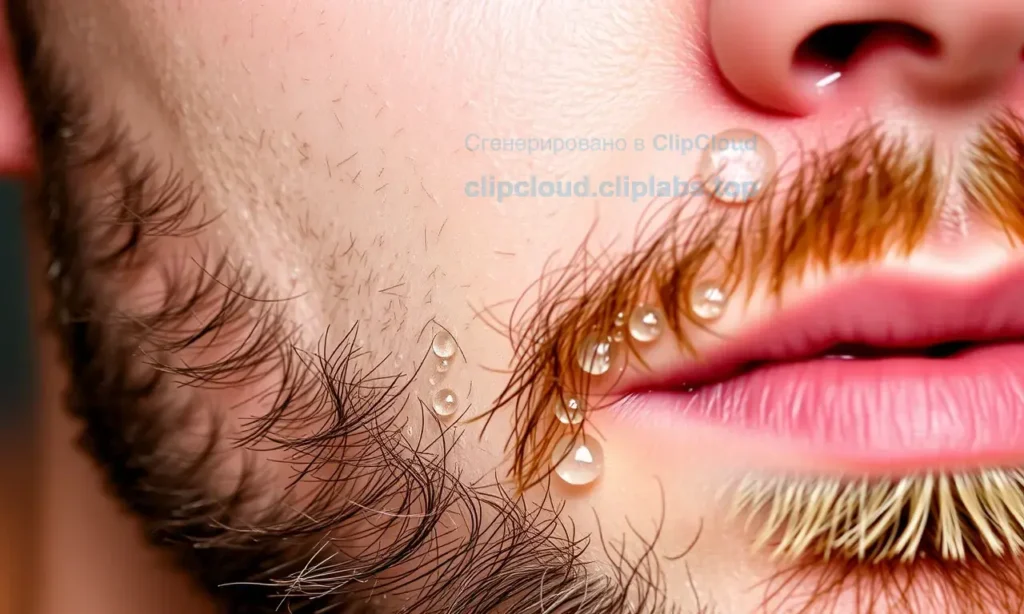 A close-up of a man's face showing dry, flaky skin under the beard after shaving, with water droplets on the skin, realistic texture, natural lighting, no text or symbols