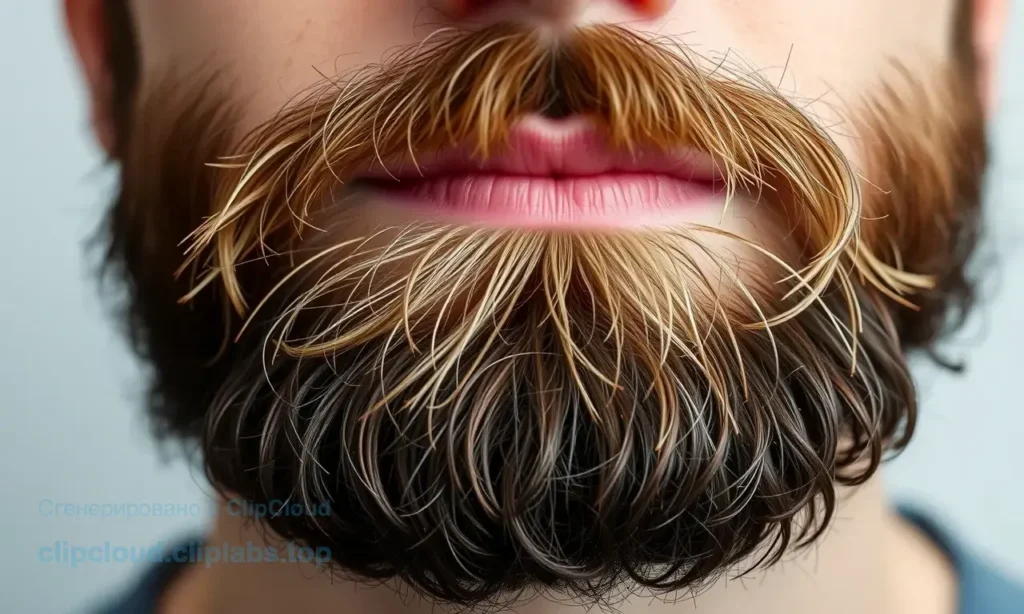 A close-up of a man's beard with visible texture, showing individual hairs standing in different directions, some slightly raised and others leaning sideways, highlighting the natural variation in beard growth. The background is neutral and blurred to focus on the beard details.