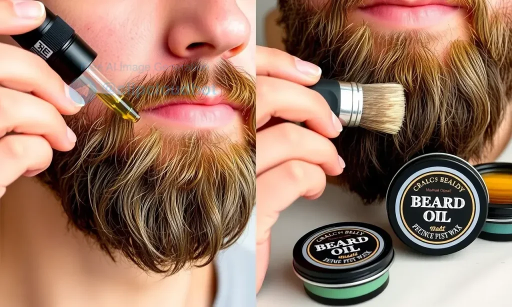 A clean, well-groomed beard on a man's face, split into two halves: one side showing beard oil being applied with a dropper, the other side showing beard wax being brushed on, both products displayed nearby, natural lighting, realistic detail, no text or symbols on the image