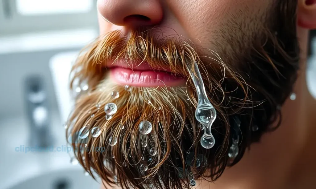 A close-up of a freshly washed beard with water droplets, showing clean and well-groomed hair, surrounded by a subtle background of a bathroom sink and natural light, emphasizing the contrast between the clean beard and the perception of dirtiness