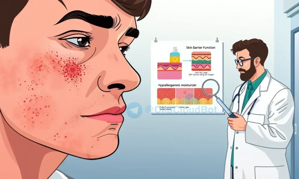 A professional medical illustration showing a close-up of a man's face with dry, flaky skin on his cheeks and chin, demonstrating signs of irritation. A dermatologist in a white coat is examining the skin with a magnifying glass, while another expert points to a diagram of skin layers showing moisture barrier damage. The background includes a clean medical office setting with a chart titled 'Skin Barrier Function' and a bottle of hypoallergenic moisturizer. The scene should convey expert advice