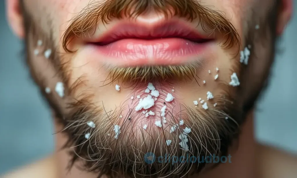 A close-up view of facial skin under a beard showing dry, flaky patches after a shower, with visible white flakes on the skin beneath short facial hair, soft natural lighting, realistic skin texture, no beard hair covering the affected area clearly, focus on the irritated skin condition