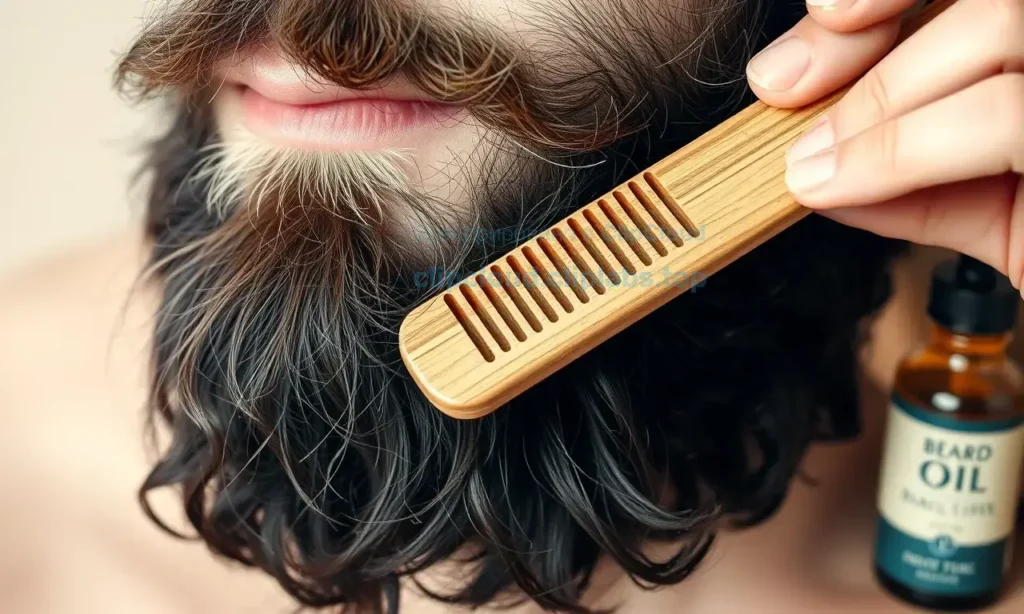 A close-up of a well-groomed beard being gently combed with a wooden beard comb, showing healthy facial hair growth, soft natural lighting, subtle skin texture visible beneath the beard, no visible irritation or ingrown hairs, a small bottle of beard oil and a natural bristle brush resting nearby on a light wooden surface, realistic photography style, high detail, shallow depth of field