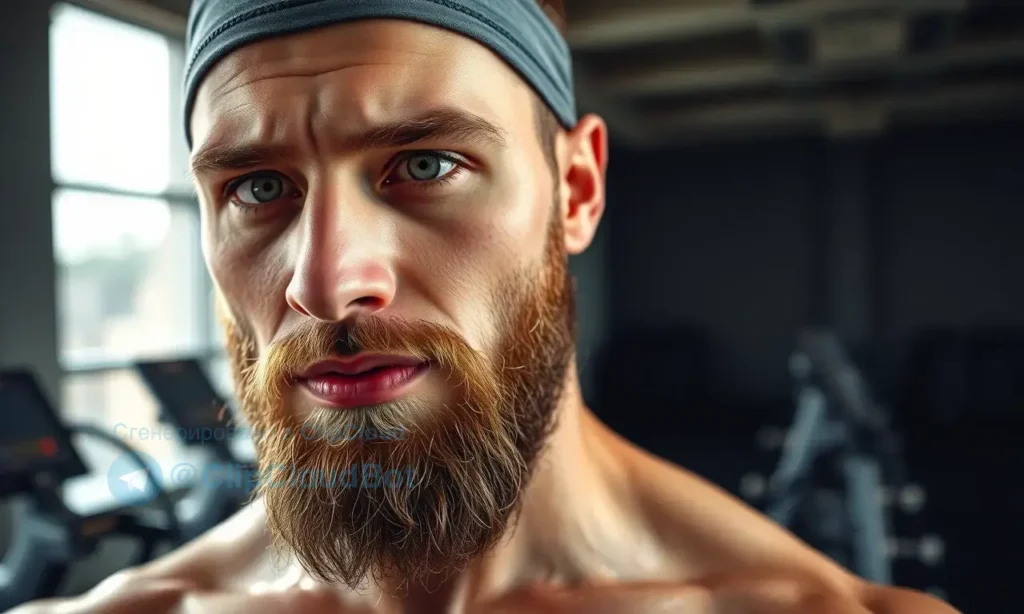 A close-up of a well-groomed beard on a fit man mid-workout, sweat lightly glistening on his skin, wearing a moisture-wicking athletic headband, standing in a modern gym with blurred cardio equipment in the background, natural daylight from a window highlighting the beard's texture and health, no visible irritation or ingrown hairs, emphasizing care and vitality