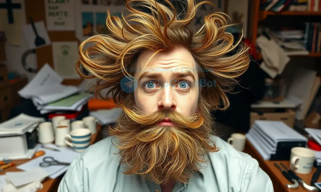 A man with a wild, bushy beard that sticks out in various directions, looking slightly disheveled and humorous, with a background of a messy room filled with scattered papers, coffee cups, and grooming tools like scissors and combs. The man should have a confused or playful expression, emphasizing the chaotic nature of his beard.