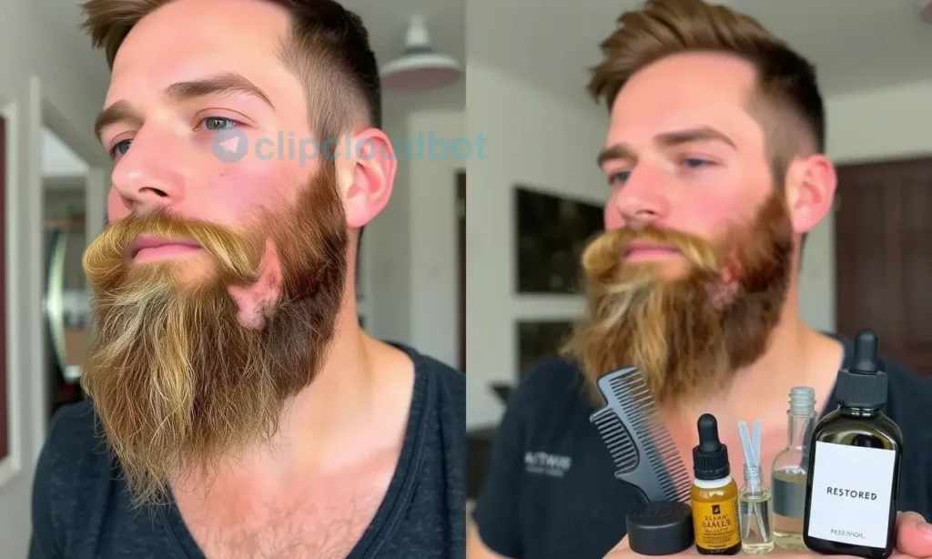 A man with a damaged beard, showing signs of uneven growth and patches, standing in front of a mirror. The beard is in the process of being restored, with some areas showing new growth and others still sparse. The man is holding a beard grooming kit, including a comb, scissors, and beard oil, indicating the steps involved in beard restoration.